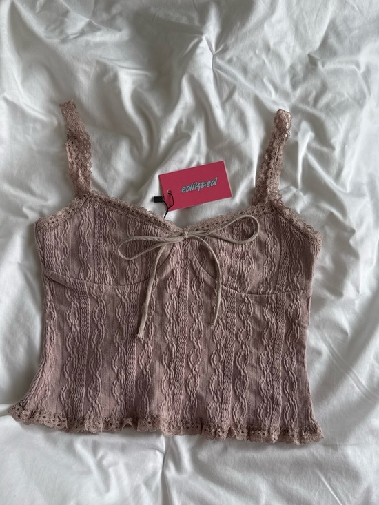 Edikted Tops - Edikted Blush Lace-Trim Tie-Front Crop Camisole